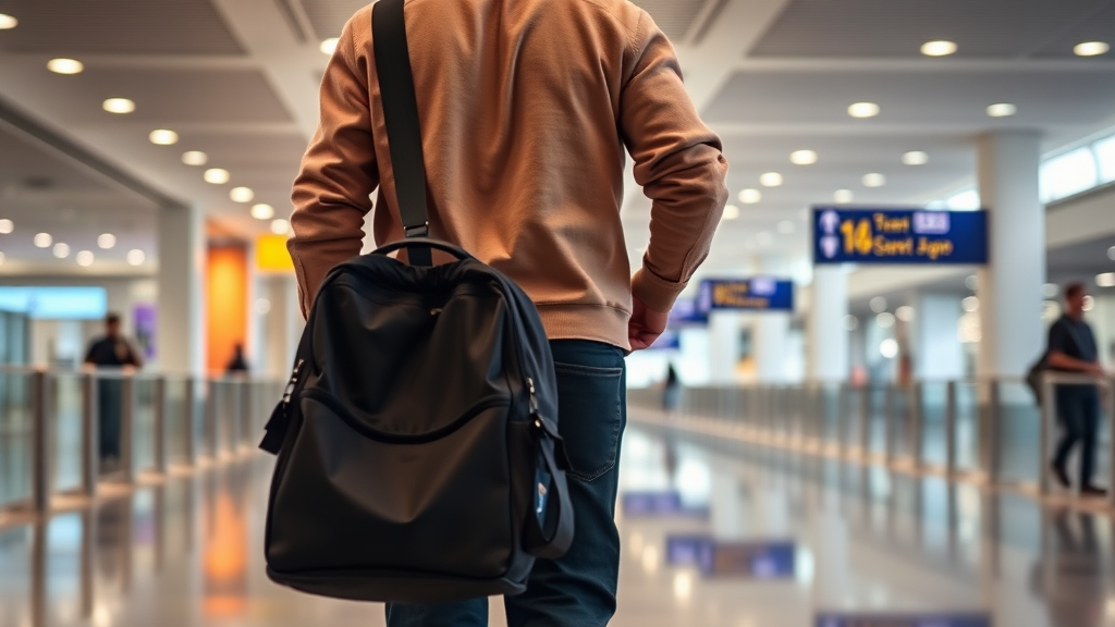 man at airport carrying bag