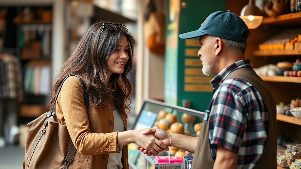tourist thanking a local shopkeeper